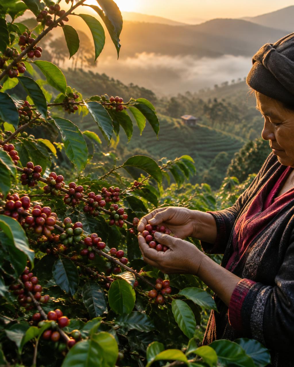 Noor's hands holding ripe coffee cherries at sunrise
